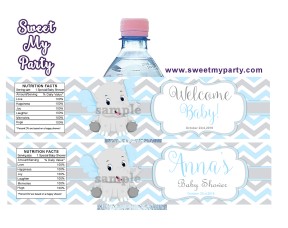 Blue and Grey Elephant Baby Shower water bottle labels,(8ebb)